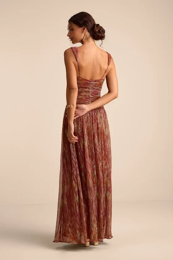 Evaluna Rust Abstract Plisse Sleeveless Maxi Dress sold by Lulus product image thumbnail 3