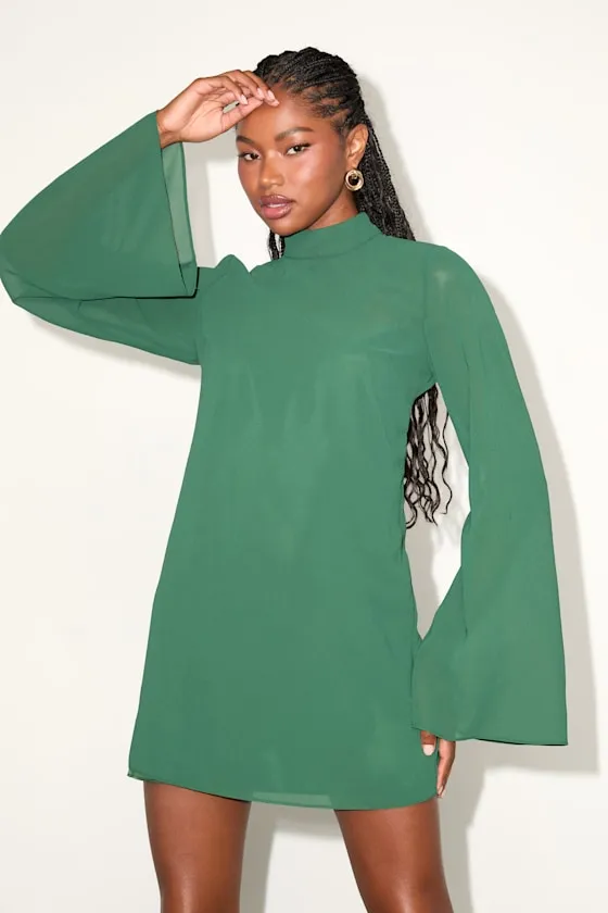 Perfected Charm Dark Green Bell Sleeve Mini Shift Dress sold by Lulus