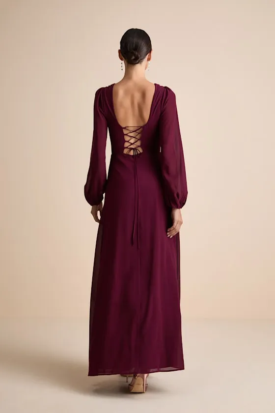 Marvelous Affair Burgundy Pleated Lace-Up Maxi Dress sold by Lulus product image thumbnail 3