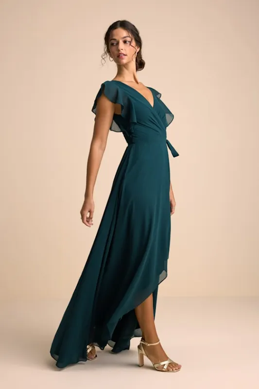 Ravishing Charm Emerald Ruffled Wrap High-Low Maxi Dress sold by Lulus