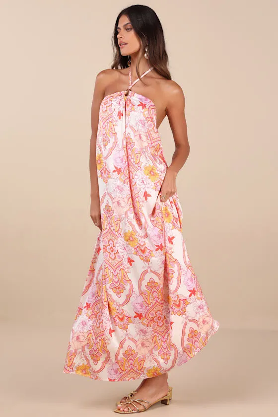 Nikoletta Coral Pink Paisley Print Halter Maxi Dress sold by Lulus product image thumbnail 3