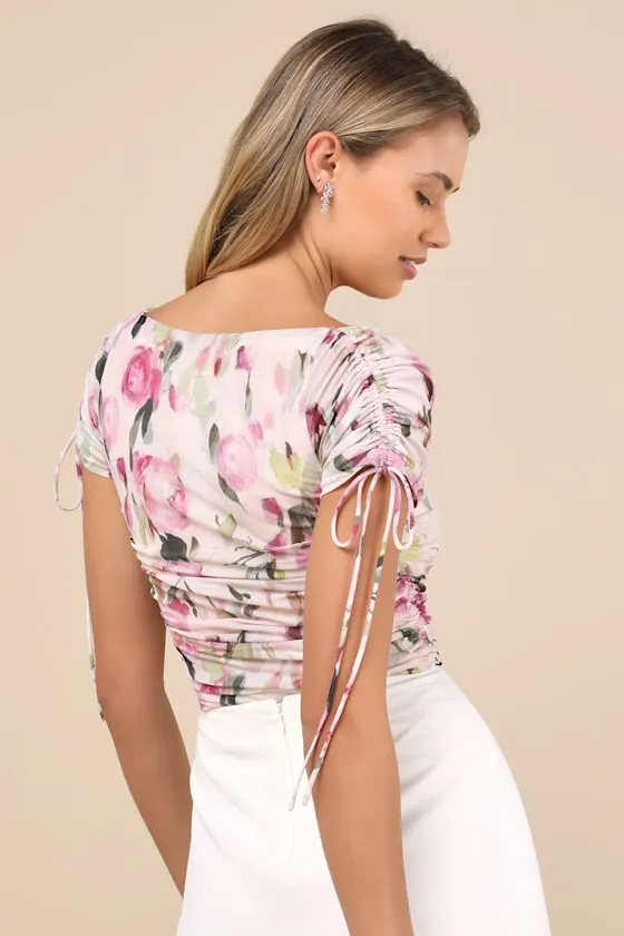 Zaharina Blush Pink Floral Mesh Ruched Short Sleeve Bodysuit sold by Lulus product image thumbnail 2