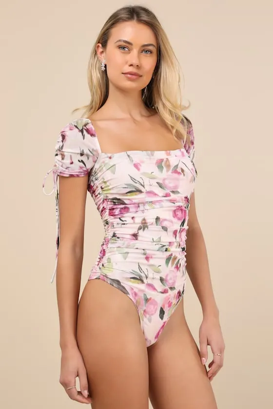 Zaharina Blush Pink Floral Mesh Ruched Short Sleeve Bodysuit sold by Lulus product image thumbnail 4