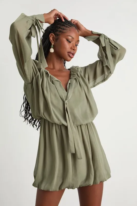 Kezzy Light Olive Ruffled Long Sleeve Bubble-Hem Mini Dress sold by Lulus