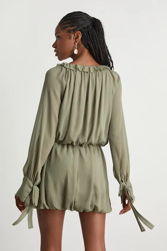 Kezzy Light Olive Ruffled Long Sleeve Bubble-Hem Mini Dress sold by Lulus product image thumbnail 2