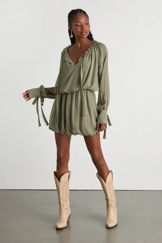 Kezzy Light Olive Ruffled Long Sleeve Bubble-Hem Mini Dress sold by Lulus product image thumbnail 3