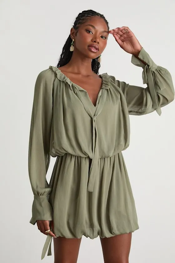Kezzy Light Olive Ruffled Long Sleeve Bubble-Hem Mini Dress sold by Lulus product image thumbnail 4