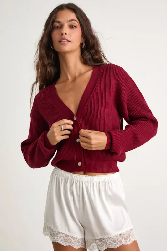 Toasty Babe Wine Red Knit Button-Up Cropped Cardigan sold by Lulus