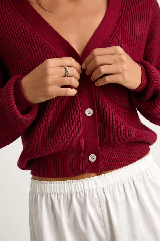 Toasty Babe Wine Red Knit Button-Up Cropped Cardigan sold by Lulus product image thumbnail 2