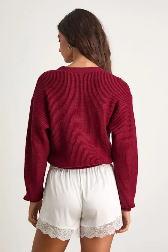 Toasty Babe Wine Red Knit Button-Up Cropped Cardigan sold by Lulus product image thumbnail 3