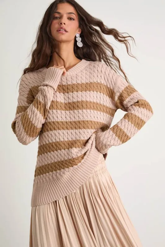 Navya Blush Striped Cable Knit Tunic Sweater sold by Lulus