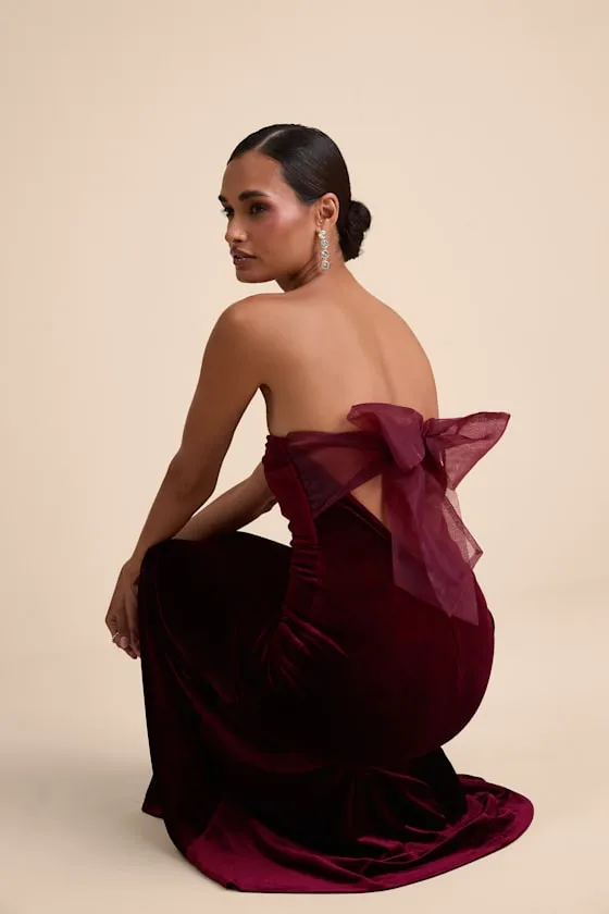 Mesmerizing Elegance Red Velvet Back Bow Maxi Dress sold by Lulus