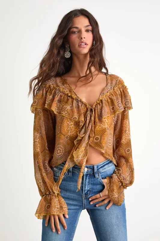 Azlynn Golden Yellow Boho Print Ruffled Tie-Front Top sold by Lulus