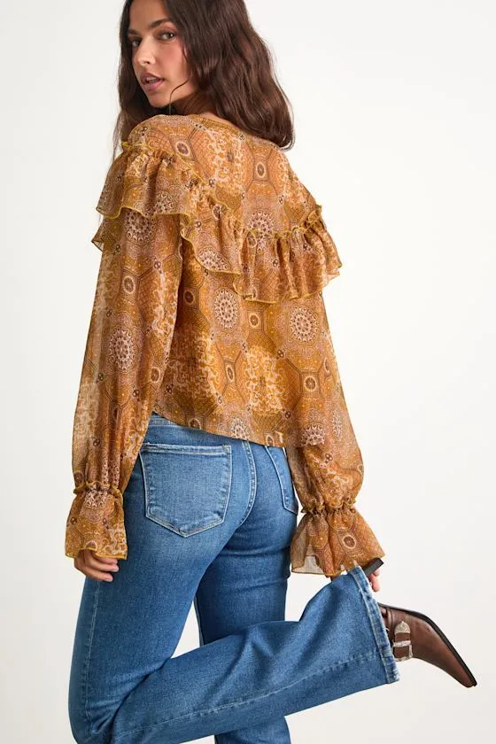 Azlynn Golden Yellow Boho Print Ruffled Tie-Front Top sold by Lulus product image thumbnail 2