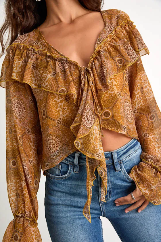 Azlynn Golden Yellow Boho Print Ruffled Tie-Front Top sold by Lulus product image thumbnail 4