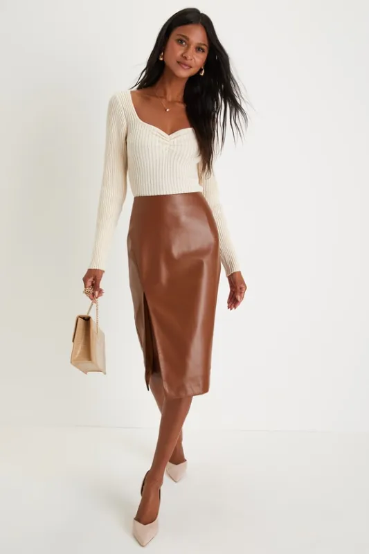 Mireya Brown Vegan Leather Pencil Skirt sold by Lulus