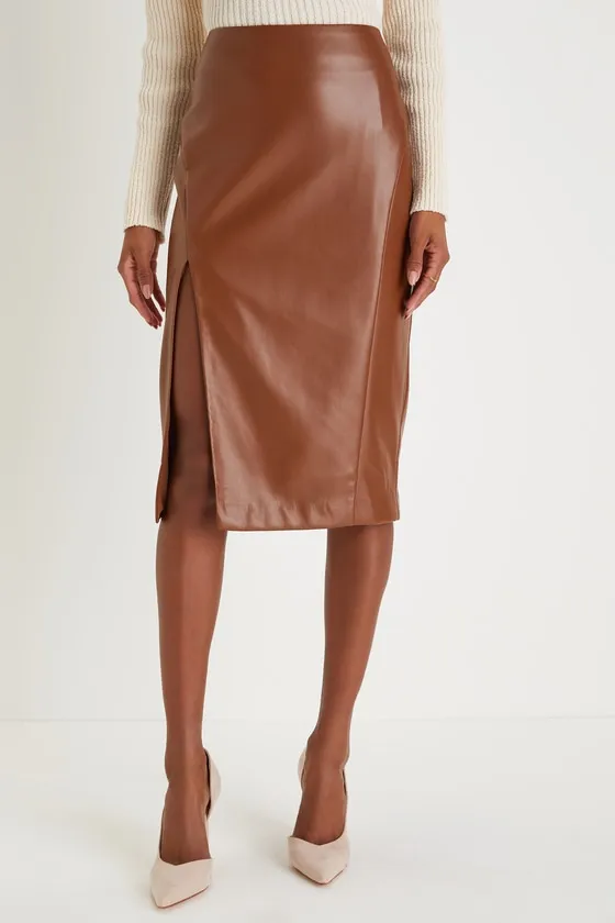 Mireya Brown Vegan Leather Pencil Skirt sold by Lulus product image thumbnail 2