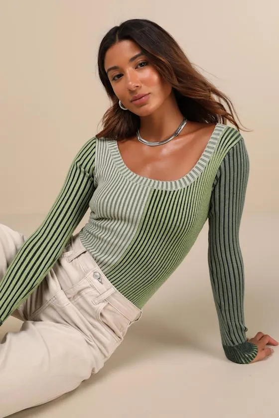 Mod Cutie Green Color Block Ribbed Long Sleeve Bodysuit sold by Lulus
