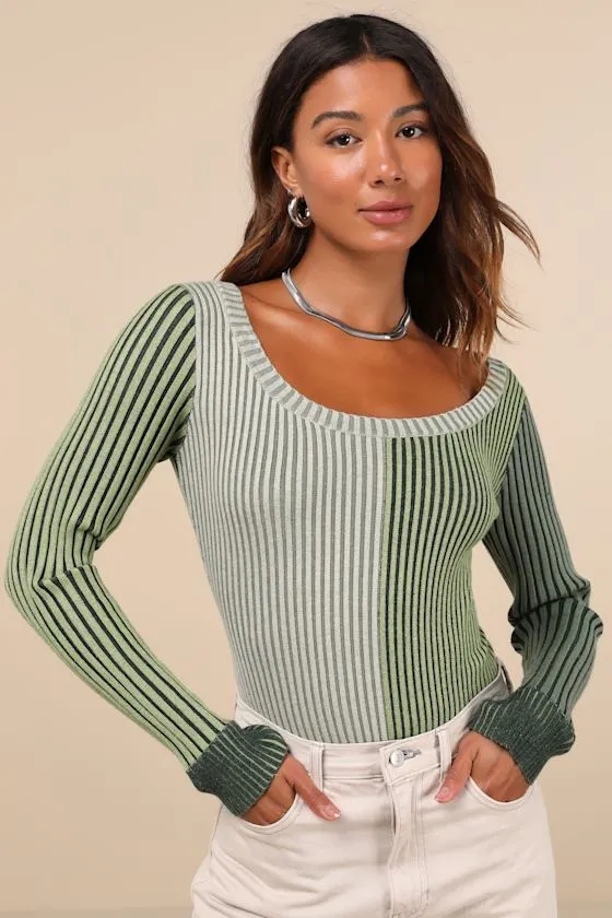 Mod Cutie Green Color Block Ribbed Long Sleeve Bodysuit sold by Lulus product image thumbnail 2