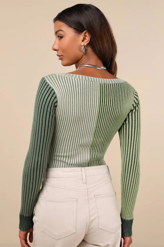 Mod Cutie Green Color Block Ribbed Long Sleeve Bodysuit sold by Lulus product image thumbnail 3