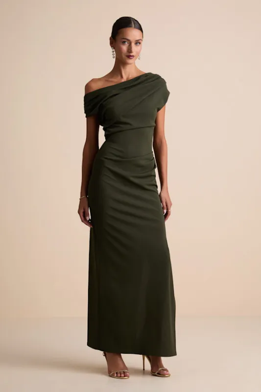 Janine Dark Olive Green Asymmetrical Maxi Dress sold by Lulus