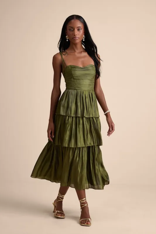 Tennon Olive Green Plisse Tiered Midi Dress sold by Lulus