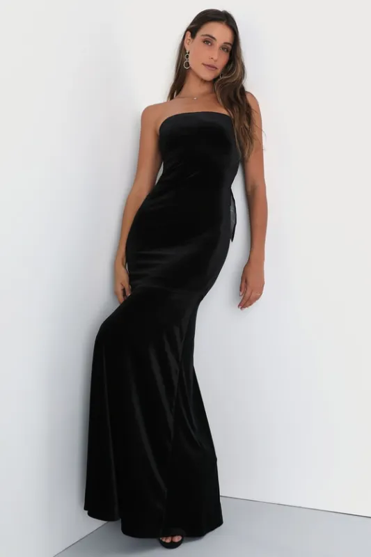 Mesmerizing Elegance Black Velvet Back Bow Maxi Dress sold by Lulus