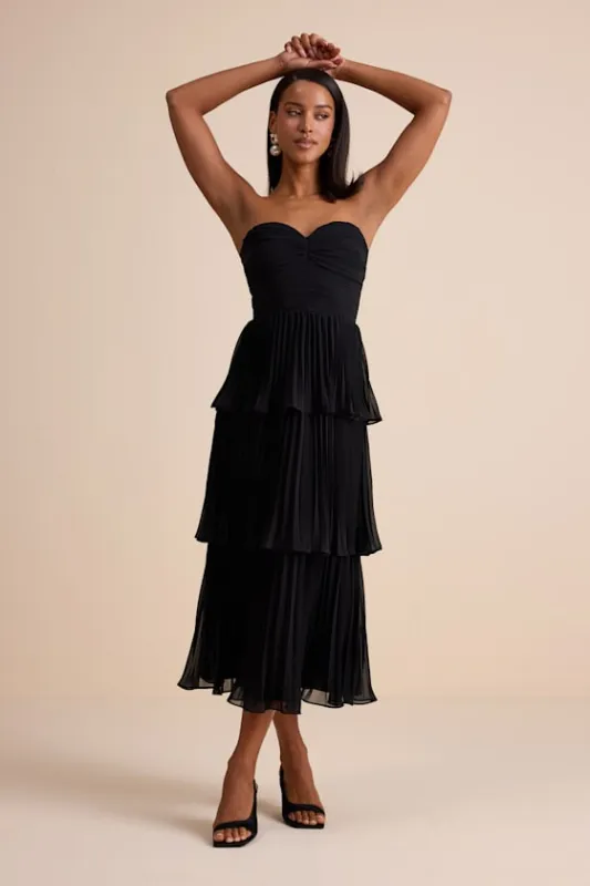 Seriously Sensational Black Strapless Tiered Midi Dress sold by Lulus