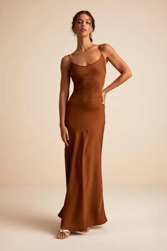 Riyona Rust Brown Satin Seamed Sleeveless Maxi Dress sold by Lulus