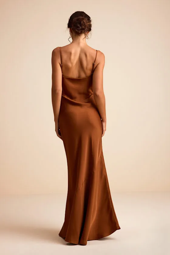 Riyona Rust Brown Satin Seamed Sleeveless Maxi Dress sold by Lulus product image thumbnail 3