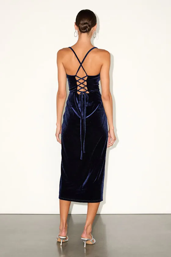 Gorgeous Composure Navy Velvet Lace-Up Sleeveless Midi Dress sold by Lulus product image thumbnail 3