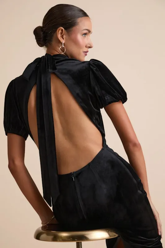 Fabulous Intuition Black Velvet Backless Column Midi Dress sold by Lulus