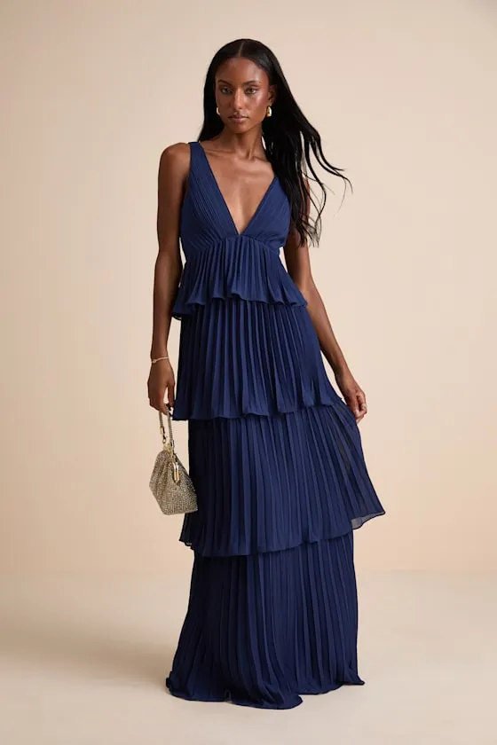 Mesmerizing Essence Navy Pleated Backless Tiered Maxi Dress sold by Lulus