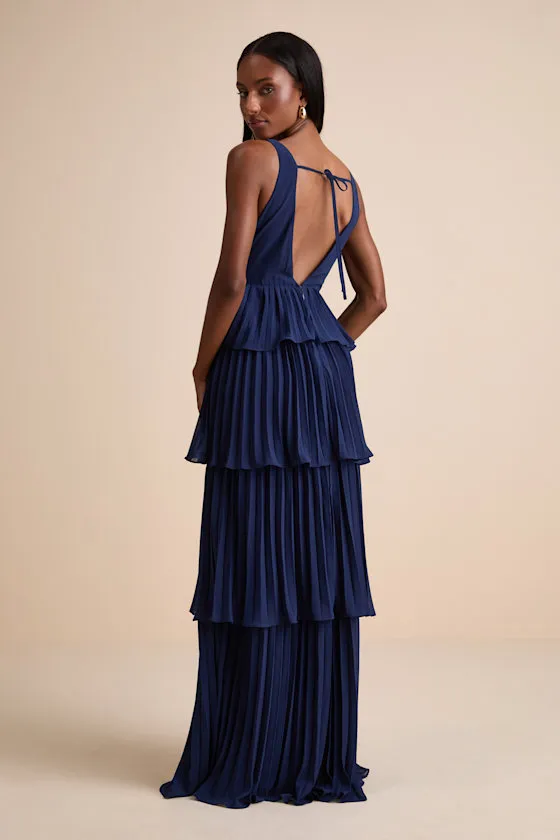 Mesmerizing Essence Navy Pleated Backless Tiered Maxi Dress sold by Lulus product image thumbnail 3