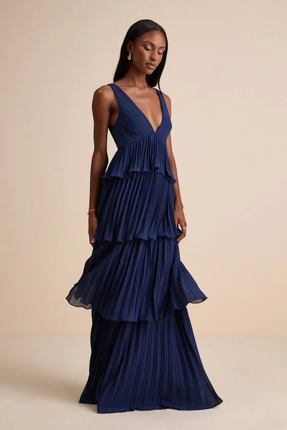 Mesmerizing Essence Navy Pleated Backless Tiered Maxi Dress sold by Lulus product image thumbnail 4
