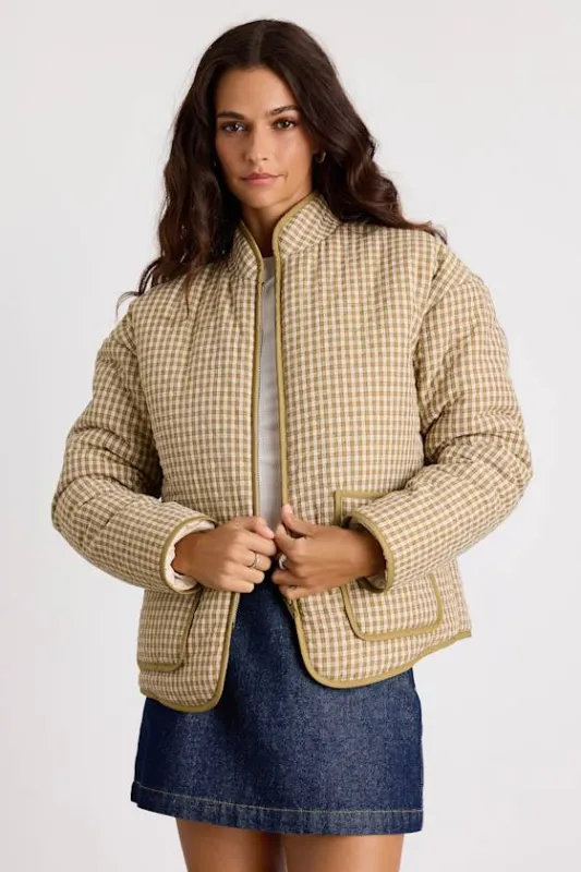 Bundled Perfection Olive Plaid Quilted Puffer Jacket sold by Lulus