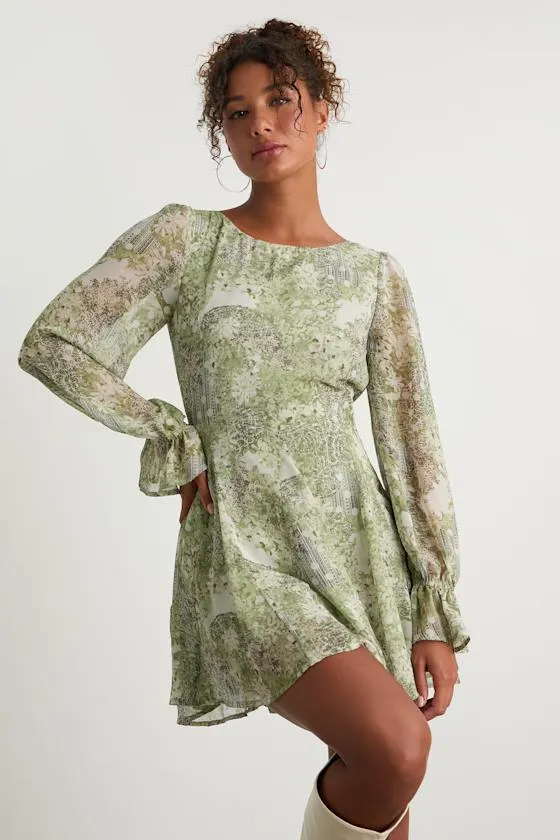 Kivah Green Boho Print Long Sleeve Mini Dress sold by Lulus