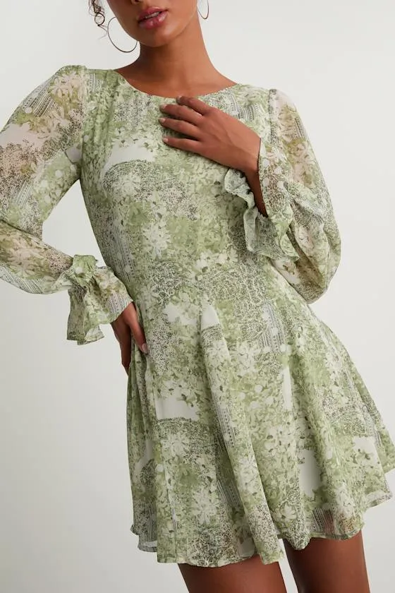 Kivah Green Boho Print Long Sleeve Mini Dress sold by Lulus product image thumbnail 2