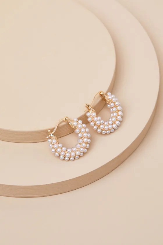 Luminous Mood Gold Pearl Huggie Hoop Earrings sold by Lulus
