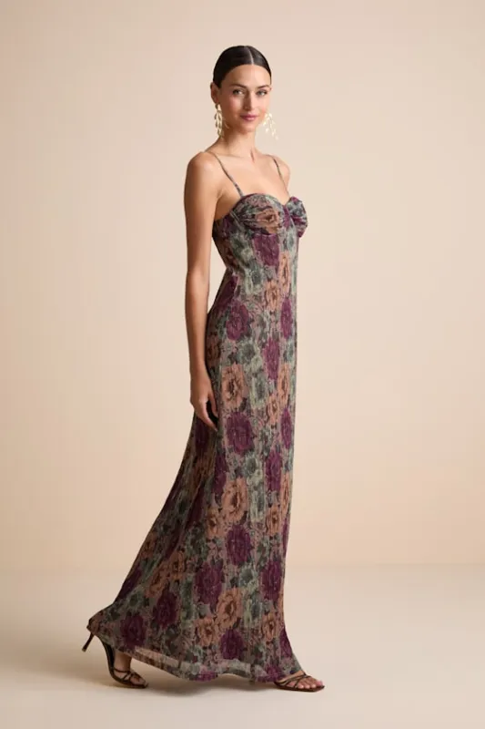 Kendlyn Taupe Multi Floral Plisse Maxi Dress sold by Lulus