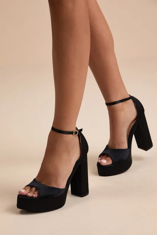 Orsola Black Satin Platform Ankle Strap Sandals sold by Lulus