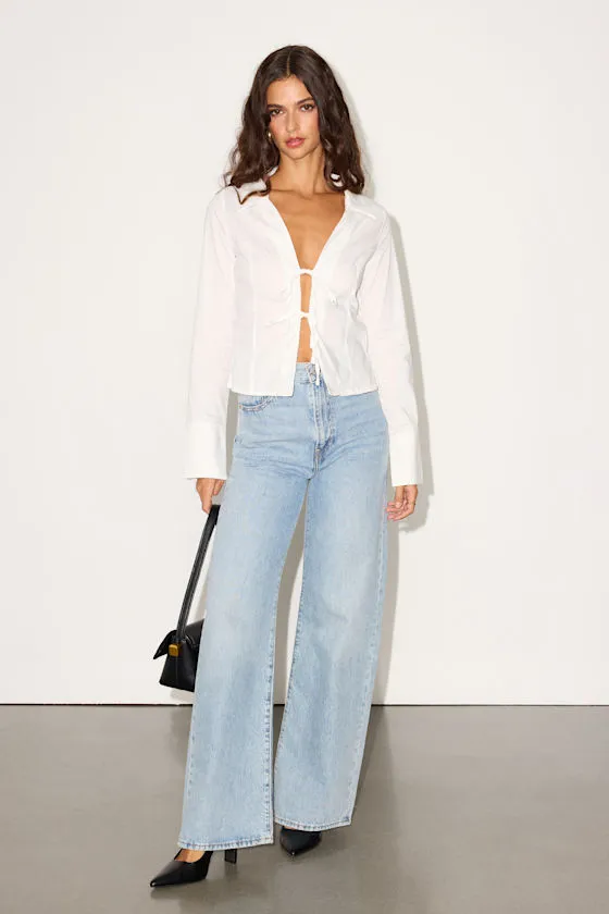 Auclair White Poplin Tie-Front Collared Long Sleeve Top sold by Lulus product image thumbnail 4