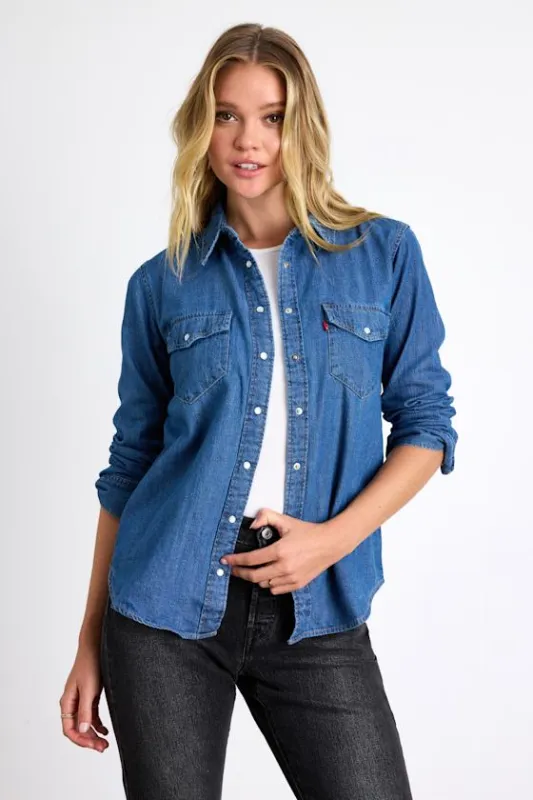 Iconic Medium Wash Chambray Button-Front Long Sleeve Top sold by Lulus