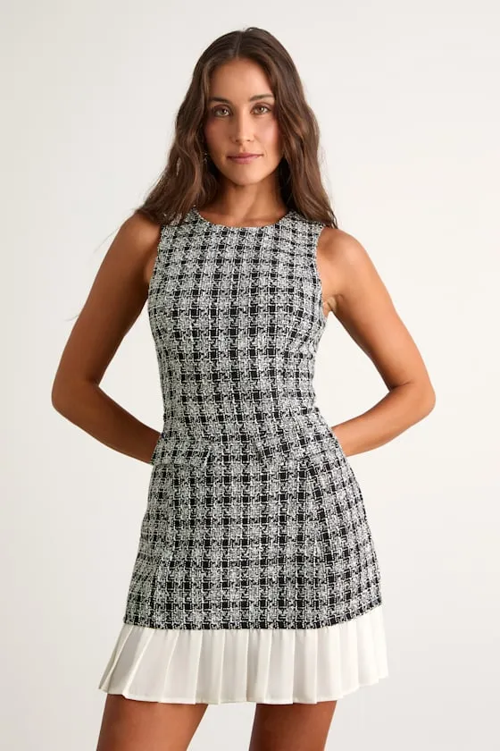 Moroni Black Tweed Pleated Hem Mini Dress sold by Lulus