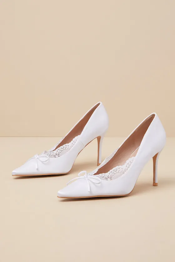 Calandre White Satin Pointed-Toe Pumps sold by Lulus