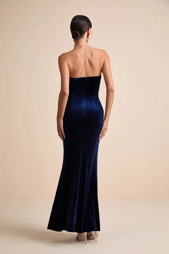 Dramatic Stunner Navy Velvet Bow Strapless Maxi Dress sold by Lulus product image thumbnail 4
