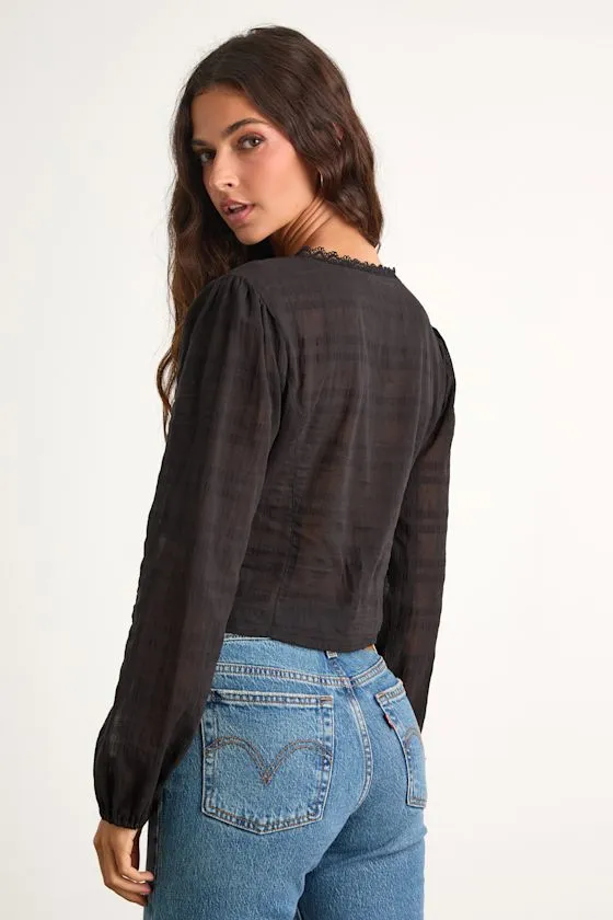 Keyra Black Button-Front Balloon Sleeve Crop Top sold by Lulus product image thumbnail 2