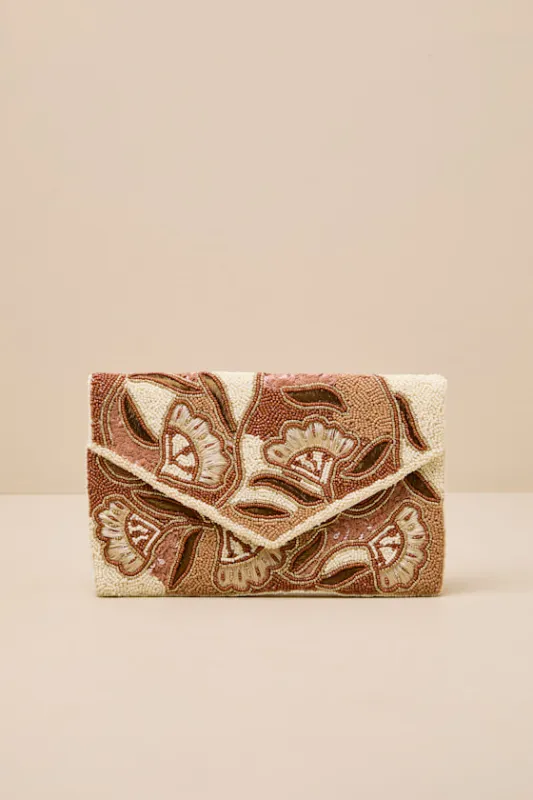 Thelia Tan Multi Beaded Envelope Clutch sold by Lulus