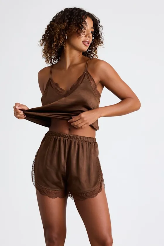 Sweet Nights Brown Satin Lace Two-Piece Pajama Set sold by Lulus