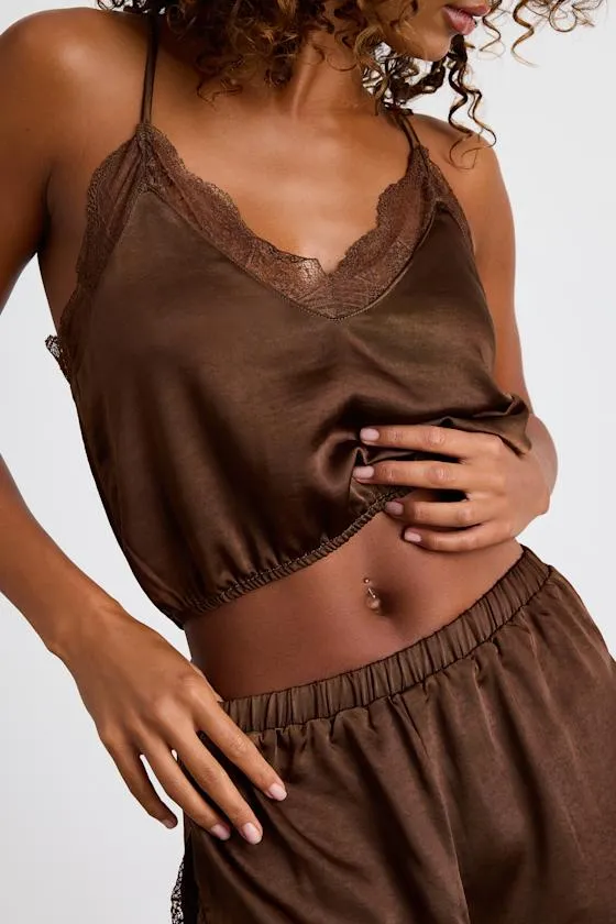 Sweet Nights Brown Satin Lace Two-Piece Pajama Set sold by Lulus product image thumbnail 2